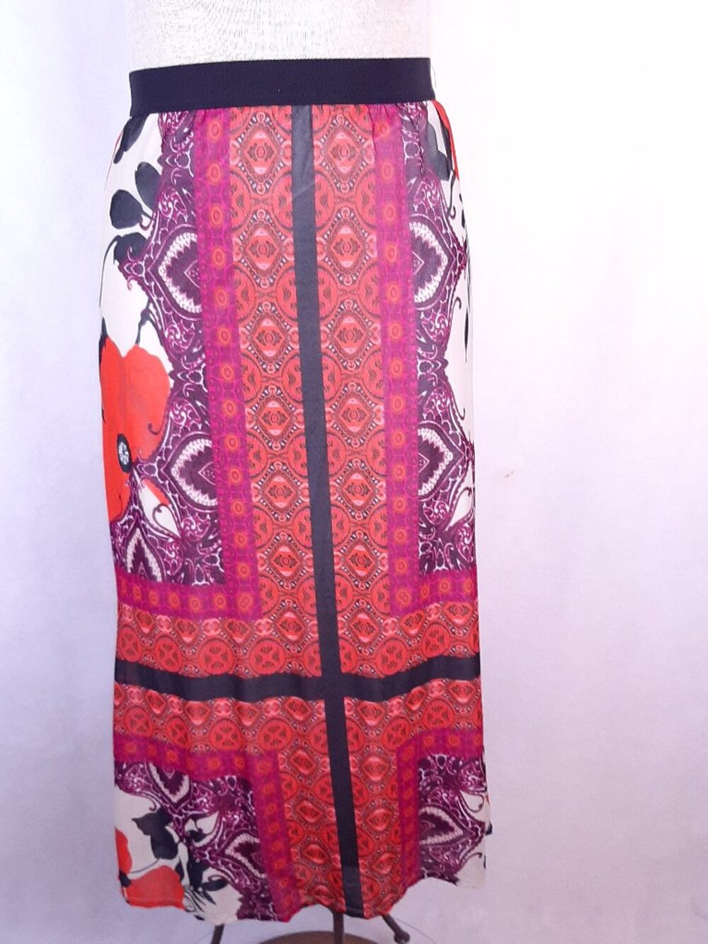 Chicos Womens Maxi Blue Red White Boho Print Sheer Overlay Layered Size 1 Petite